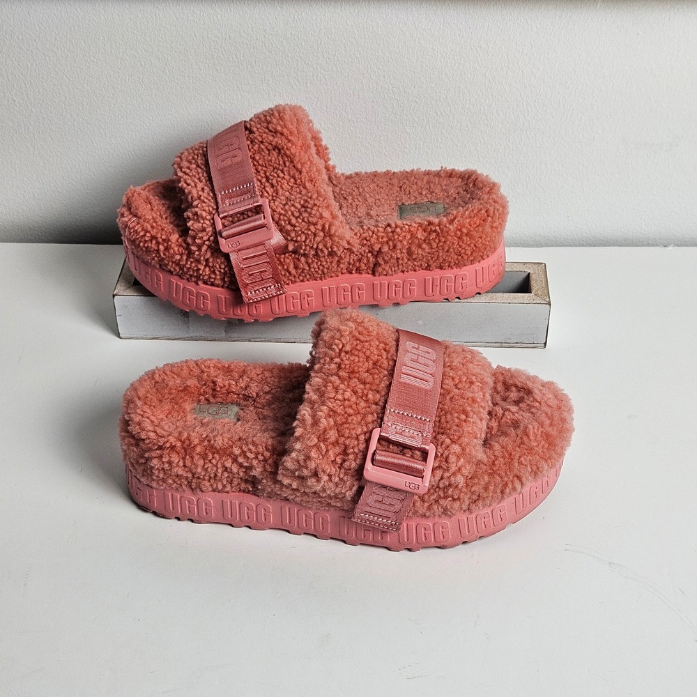 UGG Fluffita 7 Pink Rose Sheepskin Platform Slide Sandals Womens Buckle Strap